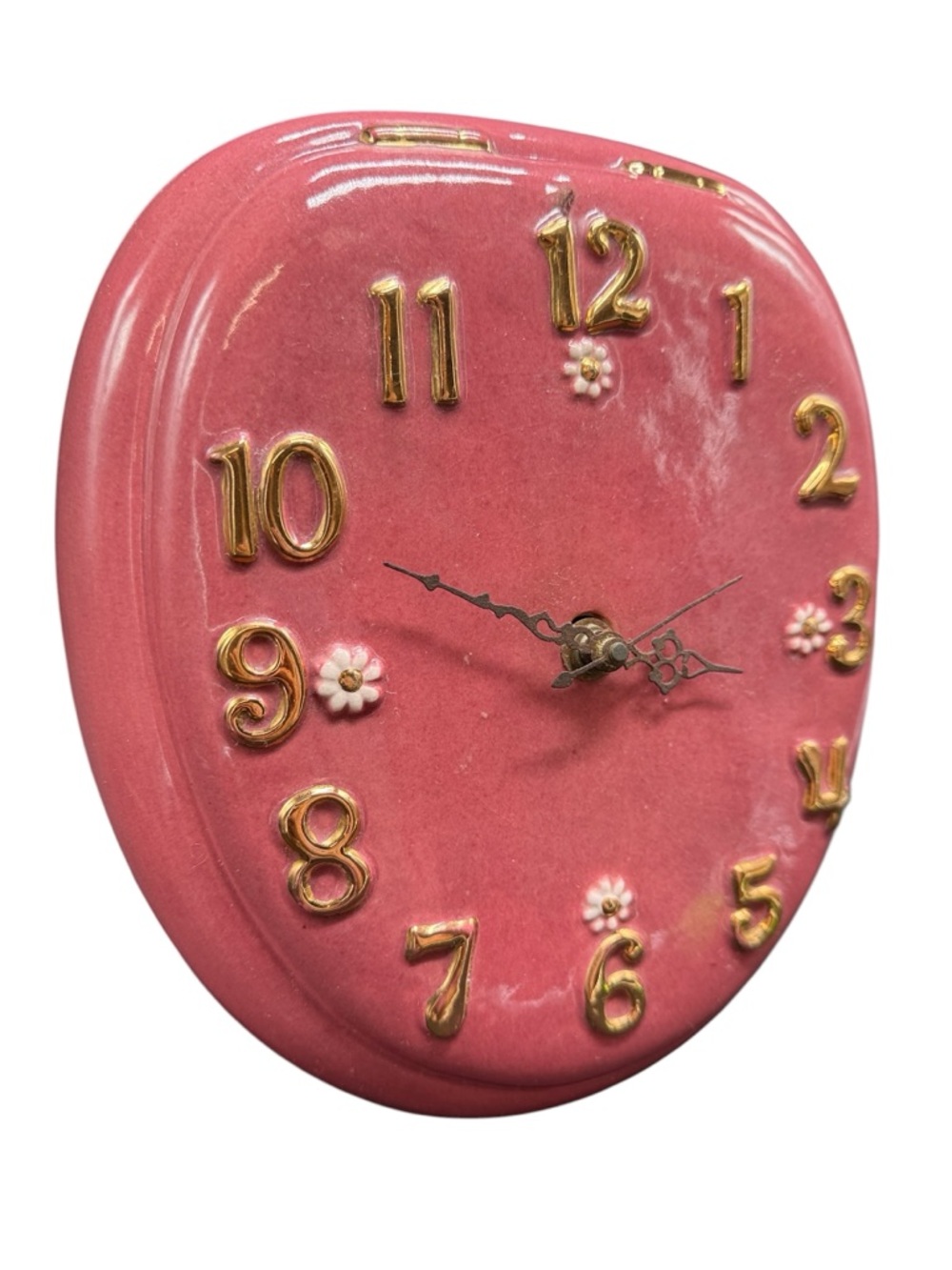 Vintage Pink Ceramic Wall Clock Gold Numbers Floral Retro Kitsch Quartz Works - Picture 3 of 9